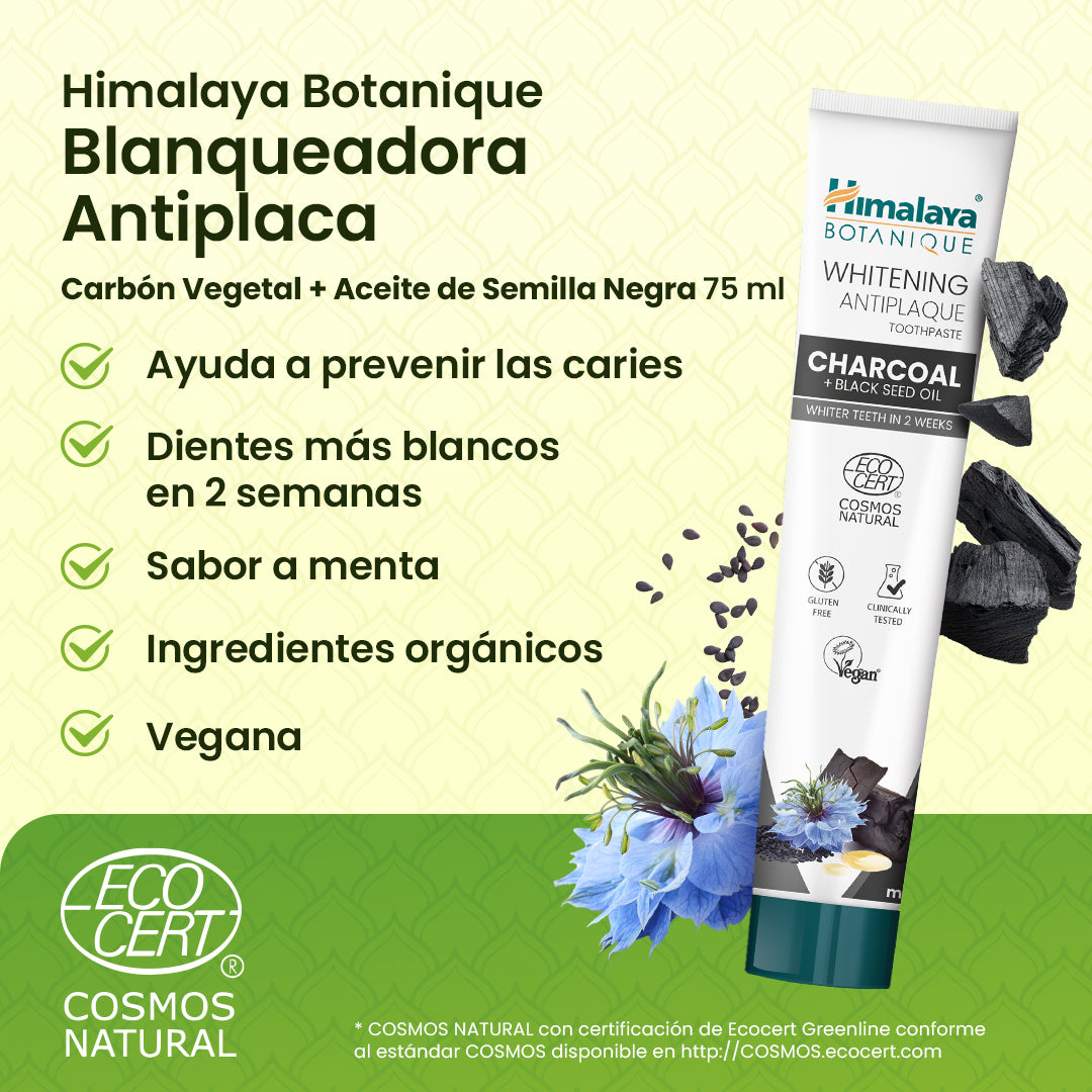 Himalaya Botanique Pasta de Dientes Blanqueadora Antiplaca Carbón Vegetal + Aceite de Semilla Negra 75 ml