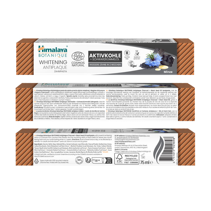 Himalaya Botanique Pasta de Dientes Blanqueadora Antiplaca Carbón Vegetal + Aceite de Semilla Negra 75 ml